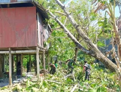 Koramil 1405-08 Bantu Warga Bersihkan Pohon Tumbang yang Menimpa Rumah di Desa Libureng
